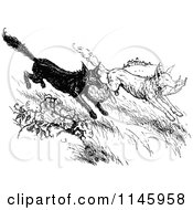 Clipart Of Retro Vintage Black And White Wild Dogs Stealing Food Royalty Free Vector Illustration