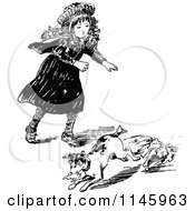 Clipart Of A Retro Vintage Black And White Girl Chasing A Dog Eating Her Doll Royalty Free Vector Illustration