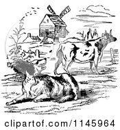 Clipart Of A Retro Vintage Black And White Dog And Cow By A Windmill Royalty Free Vector Illustration by Prawny Vintage