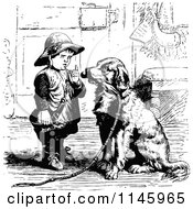 Clipart Of A Retro Vintage Black And White Boy Lecturing A Dog For Chewing Royalty Free Vector Illustration