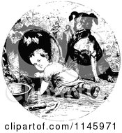 Poster, Art Print Of Retro Vintage Black And White Dog Supervising A Crawling Baby