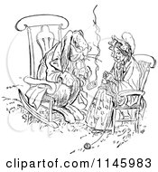 Retro Vintage Black And White Rabbit Smoking A Pipe And Woman Knitting