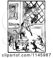 Poster, Art Print Of Retro Vintage Black And White Old Lady Watching Her Fiddle Cat And Dancing Mice