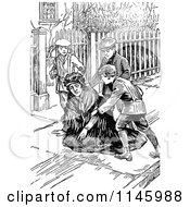 Clipart Of Retro Vintage Black And White Boys Helping A Woman Up Royalty Free Vector Illustration
