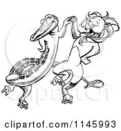 Clipart Of A Retro Vintage Black And White Crocodile Dancing With A Lion Royalty Free Vector Illustration by Prawny Vintage