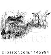 Poster, Art Print Of Clipart Of A  Retro Vintage Black And White Crocodile And Rabbits Royalty Free Vector Illustration