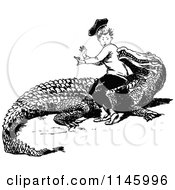 Poster, Art Print Of Retro Vintage Black And White Boy Sitting On A Crocodile