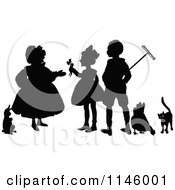 Poster, Art Print Of Retro Vintage Silhouetted Farmers With A Rabbit Chicken And Cat