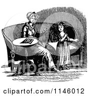 Clipart Of A Retro Vintage Black And White Mother And Daughter By A Sofa Royalty Free Vector Illustration