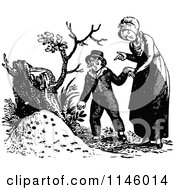 Clipart Of A Retro Vintage Black And White Mother And Son By A Tree Stump Royalty Free Vector Illustration