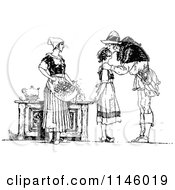 Clipart Of A Retro Vintage Black And White Mother Watching A Father Kiss His Daughter Royalty Free Vector Illustration