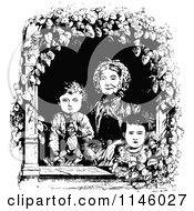 Clipart Of A Retro Vintage Black And White Woman And Children In A Window Royalty Free Vector Illustration