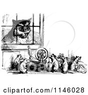 Clipart Of A Retro Vintage Black And White Cat Watching Mice Work A Spindle Through A Window Royalty Free Vector Illustration