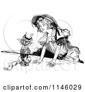 Clipart Of A Retro Vintage Black And White Girl And Dressed Up Cat Royalty Free Vector Illustration