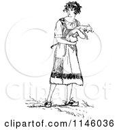 Clipart Of A Retro Vintage Black And White Woman Carrying A Cat Royalty Free Vector Illustration