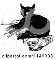 Clipart Of A Retro Vintage Black And White Black Cat Resting Royalty Free Vector Illustration
