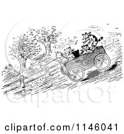 Clipart Of Retro Vintage Black And White Cats Riding A Cart Downhill Royalty Free Vector Illustration