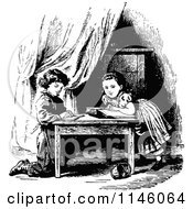 Clipart Of Retro Vintage Black And White Children Reading At A Table Royalty Free Vector Illustration