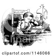 Poster, Art Print Of Retro Vintage Black And White Boy Reading At A Table