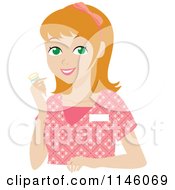 Poster, Art Print Of Happy Blond Caregiver Woman In Scrubs Holding A Pill Bottle