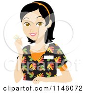 Poster, Art Print Of Happy Black Haired Caregiver Woman In Scrubs Holding A Pill Bottle