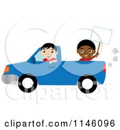 Poster, Art Print Of Boy Driving A Blue Pickup Truck And Another Boy Holding A Sign