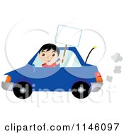 Poster, Art Print Of Happy Boy Driving A Blue Car And Holding A Sign