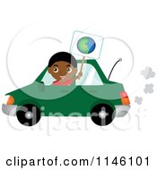 Poster, Art Print Of Happy Black Boy Driving A Green Car And Holding An Earth Sign