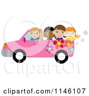 Poster, Art Print Of Girl Driving A Pink Floral Pickup Truck With Friends In The Bed