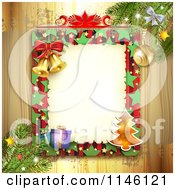 Clipart Of A Christmas Frame With Gifts Poinsettia A Tree And Bells Over Grungy Gold And Wood Royalty Free Vector Illustration by merlinul