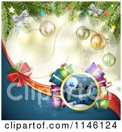 Poster, Art Print Of Bokeh Snowflake Sparkle Background With Christmas Branches Baubles A Bow And Santa