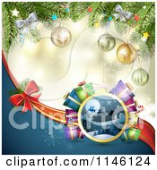 Clipart Of A Bokeh Snowflake Sparkle Background With Christmas Branches Baubles A Bow And Santa Royalty Free Vector Illustration