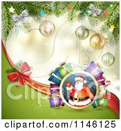 Clipart Of A Bokeh Snowflake Sparkle Background With Christmas Branches Baubles A Bow And Santa 2 Royalty Free Vector Illustration