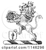 Poster, Art Print Of Black And White Vintage Lion Crest With A Flower And Shield