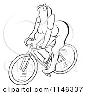 Cartoon Of A Black And White Grumpy Woman Riding A Bike Royalty Free Vector Clipart