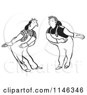 Cartoon Of Black And White Female Workers Bowing And Permitting The Other To Proceed Royalty Free Vector Clipart