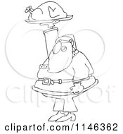 Cartoon Of An Outlined Santa Holding Up A Roasted Turkey Royalty Free Vector Clipart