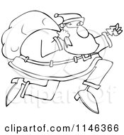 Cartoon Of An Outlined Santa Running With His Bag Royalty Free Vector Clipart