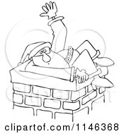 Poster, Art Print Of Cartoon Of An  Outlined Santa Stuck In A Chimney And Waving For Help Royalty Free Vector Clipart