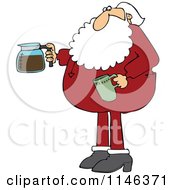 Santa In His Pajamas Holding A Coffee Cup And Pot