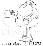 Outlined Santa In His Pajamas Holding A Coffee Cup And Pot