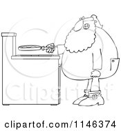 Cartoon Of An Outlined Santa In His Pajamas Frying Eggs For Breakfast Royalty Free Vector Clipart