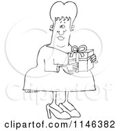 Cartoon Of An Outlined Woman Carring A Gift Box Royalty Free Vector Clipart