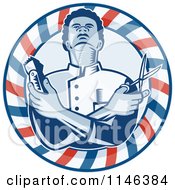 Clipart Of A Woodcut Barber In A Pole Circle Holding Scissors And Clippers Royalty Free Vector Illustration