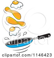 Cartoon Of Eggs And Pancakes Flipping Over A Frying Pan Royalty Free Vector Clipart by Johnny Sajem