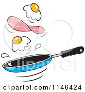 Cartoon Of Eggs And Ham Flipping Over A Frying Pan Royalty Free Vector Clipart by Johnny Sajem