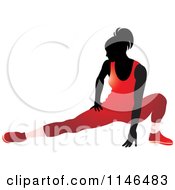 Clipart Of A Silhouetted Gymnast Woman Stretching In A Red Leotard Royalty Free Vector Illustration