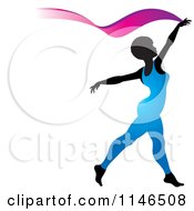 Silhouetted Gymnast Woman Ribbon Dancing In A Blue Leotard