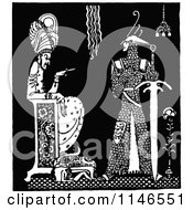 Clipart Of A Retro Vintage Black And White King And Warrior With A Giant Sword Royalty Free Vector Illustration