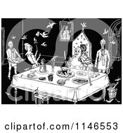 Clipart Of A Retro Vintage Black And White King Dining And Being Entertained Royalty Free Vector Illustration